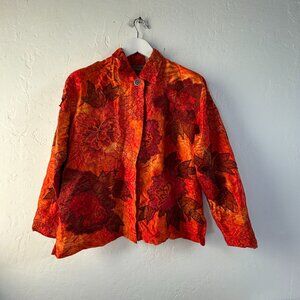 Chicos Womens Floral Embroidered Applique Jacket Size 2 Silk Red Orange Button